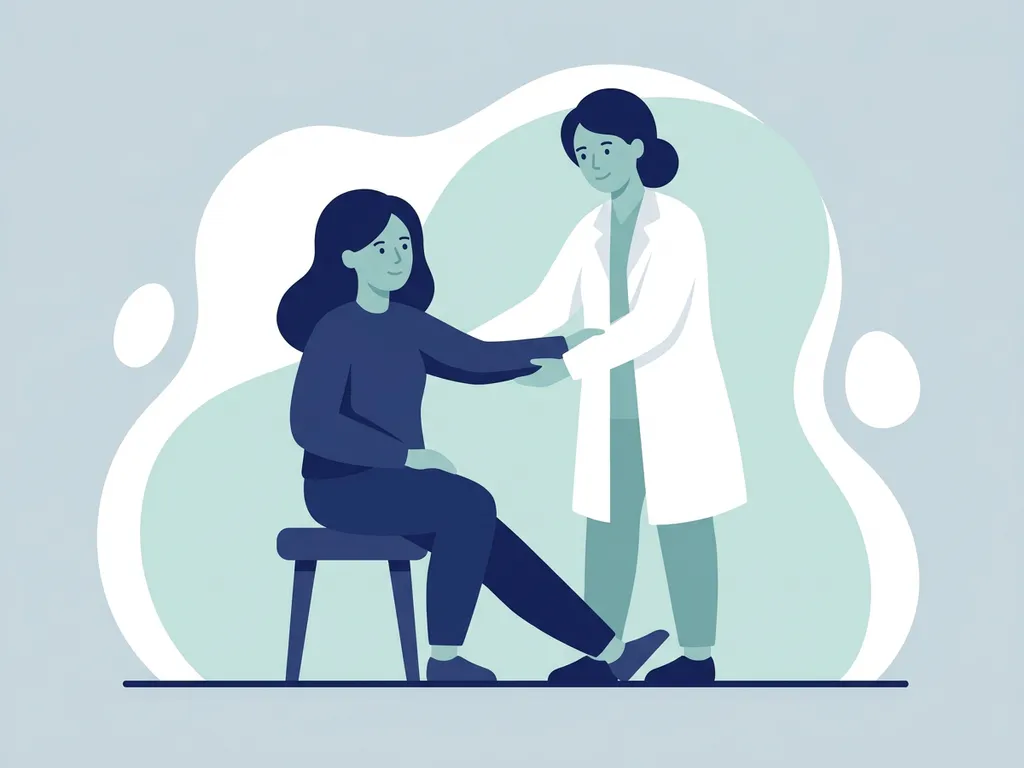 Physiotherapist in white coat guiding a seated patient through a hip mobility exercise in a flat vector clinical illustration.