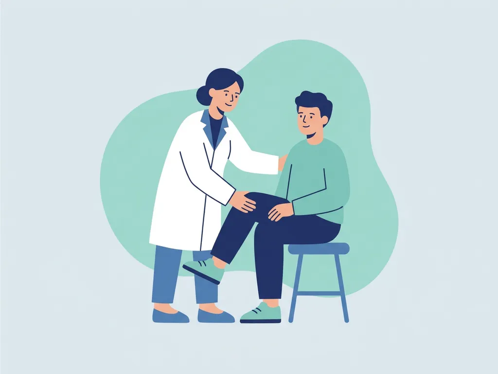 Physiotherapist in white coat guiding seated patient through hip mobility exercise in a calm clinical setting.