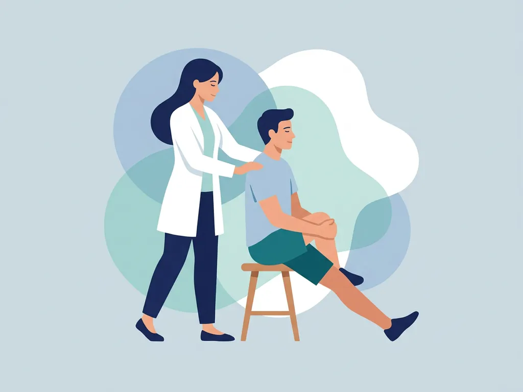 Physiotherapist in white coat guiding seated patient through hip mobility exercise, flat vector illustration in navy, teal, and white.