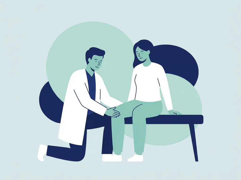 Physiotherapist in white coat guiding seated patient through hip mobility exercises, flat vector illustration in navy, teal, and light blue-grey.