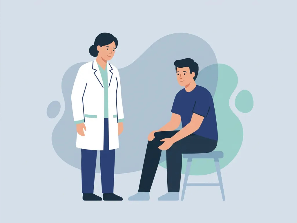 Physiotherapist in white coat observing a seated patient holding their knee during a calm clinical assessment.