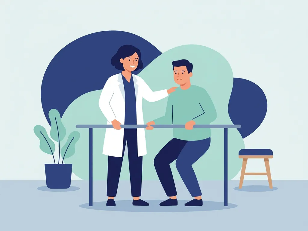 Physiotherapist in white coat guiding patient through knee-strengthening exercise in a modern clinic setting.