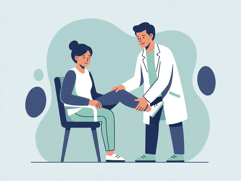Physiotherapist in white coat guiding a seated patient through a knee rehabilitation exercise in a modern clinic.