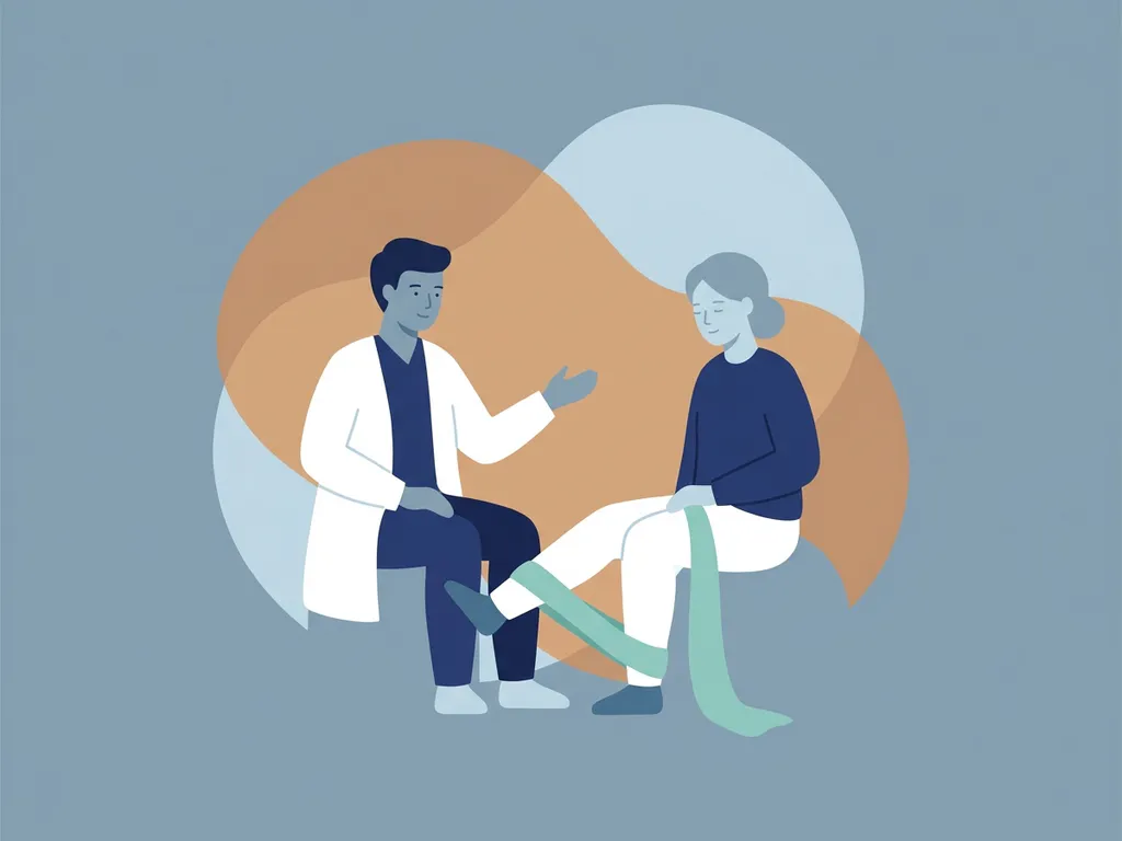 Physiotherapist in white coat guiding seated patient through knee exercise using a soft teal resistance band.