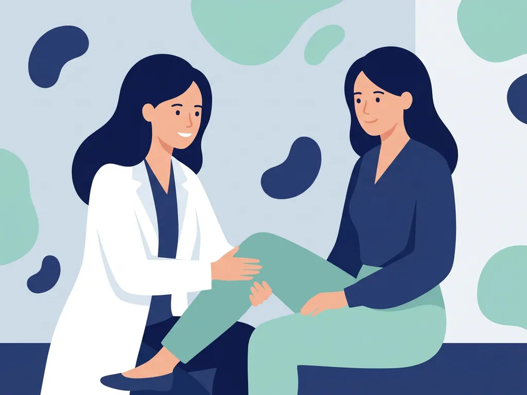 Physiotherapist in white coat guiding a seated patient through a gentle knee exercise, flat vector illustration in navy and teal tones.