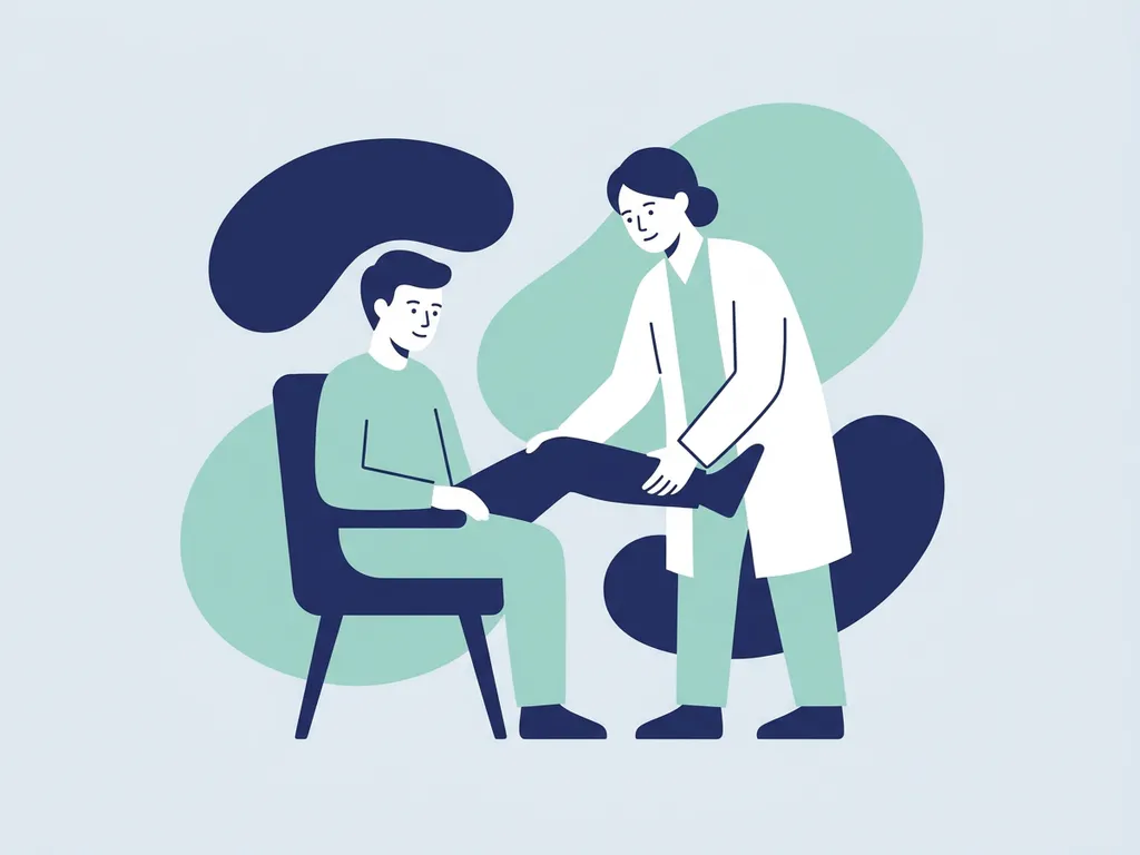 Physiotherapist in white coat guiding seated patient through gentle knee exercise, flat vector illustration in navy, teal, and light blue-grey.