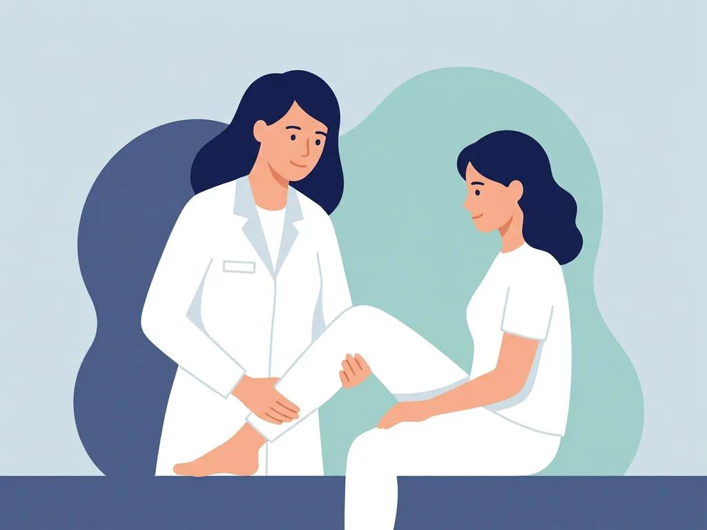 Physiotherapist in white coat guiding a seated patient through a gentle knee movement exercise, flat vector illustration in navy and teal.