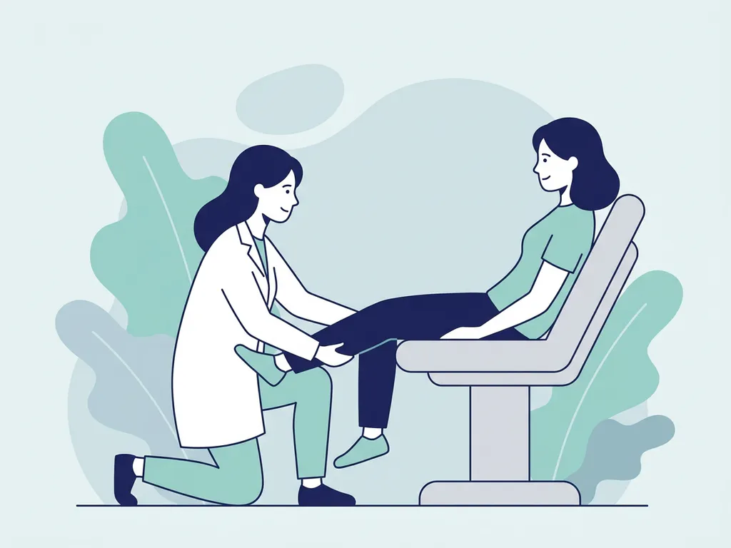 Physiotherapist in white coat guiding a seated patient through a gentle knee exercise in a calm clinical setting.