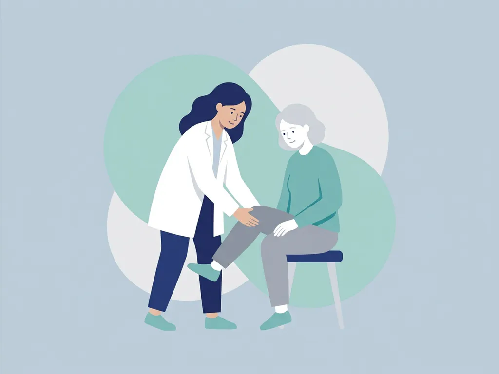 Physiotherapist in white coat guiding a seated patient through a gentle knee rehabilitation exercise, flat vector illustration in navy and teal.