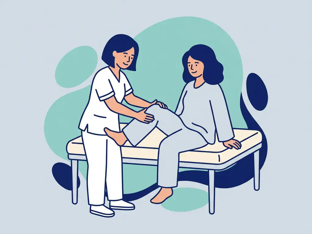Physiotherapist in white guiding a patient through a gentle knee exercise on a padded bench, flat vector medical illustration.