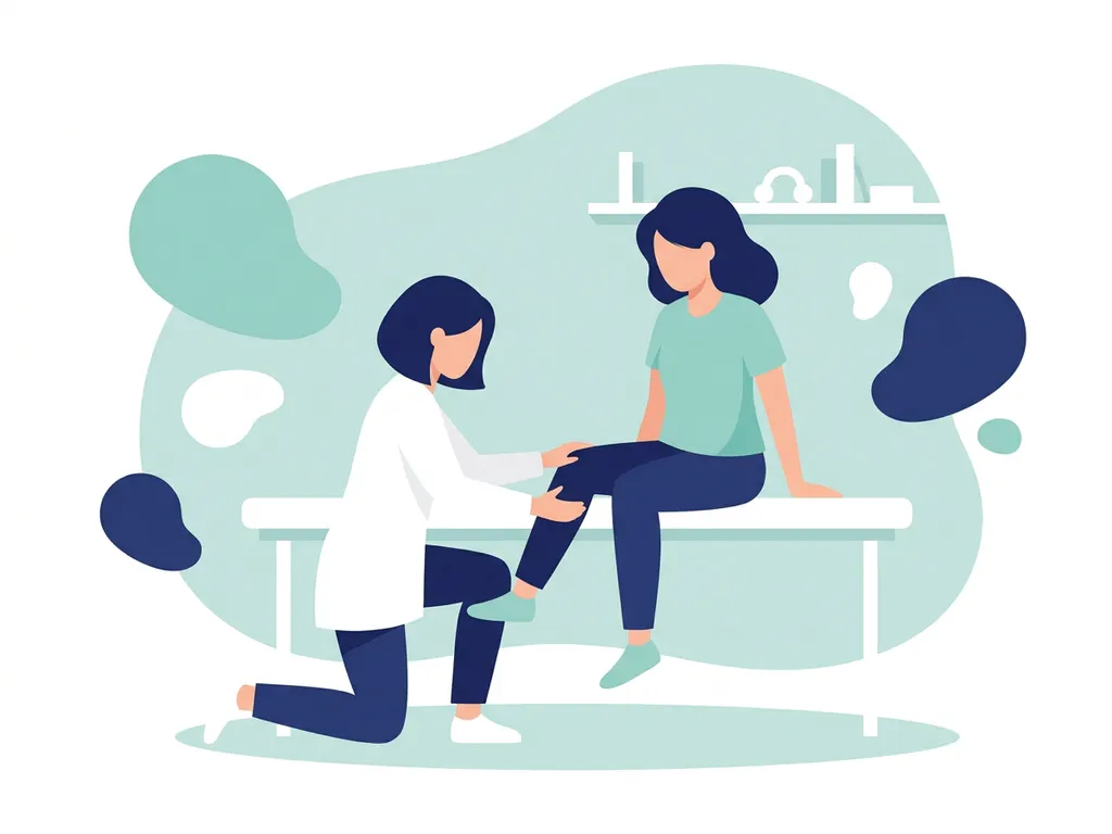Physiotherapist in white coat guiding a seated patient through a gentle knee movement exercise in a calm clinical setting.