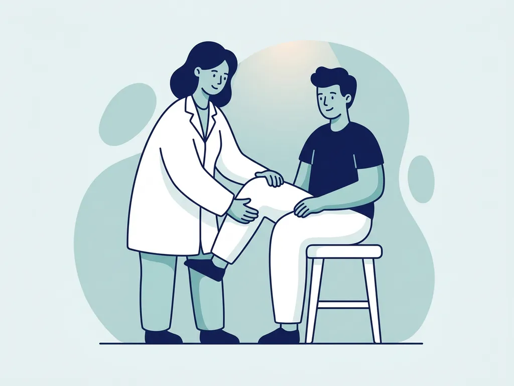 Physiotherapist in white coat guiding a seated patient through a knee-bending exercise, flat vector illustration in navy and teal.