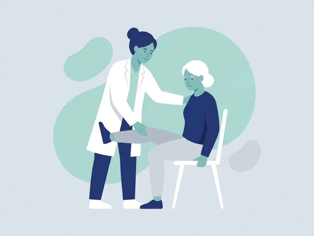 Physiotherapist in white coat guiding a seated patient through a gentle knee exercise, flat vector illustration in navy, teal, and grey.