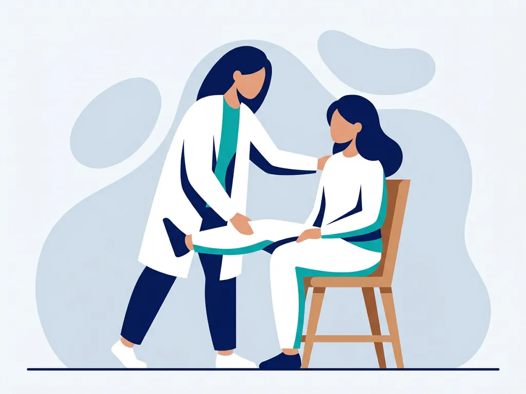 Physiotherapist in white coat guiding a seated patient through a gentle knee exercise, flat vector illustration in navy and teal.