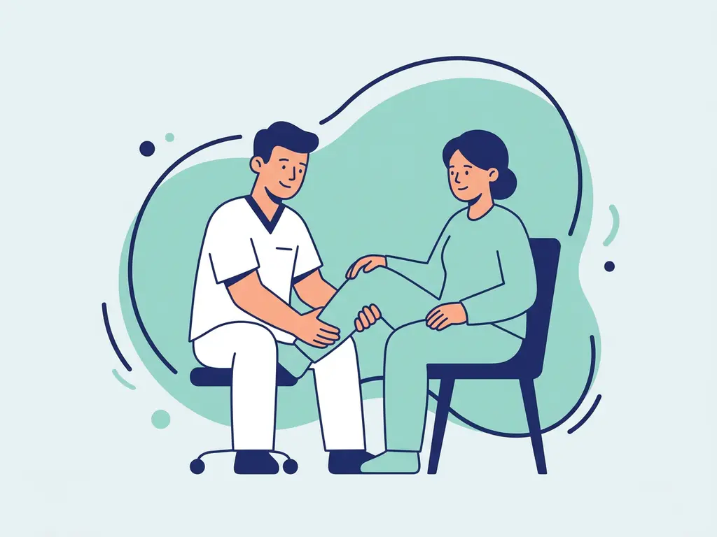 Physiotherapist in white guiding a seated patient through a knee mobility exercise, flat vector illustration in navy and teal tones.