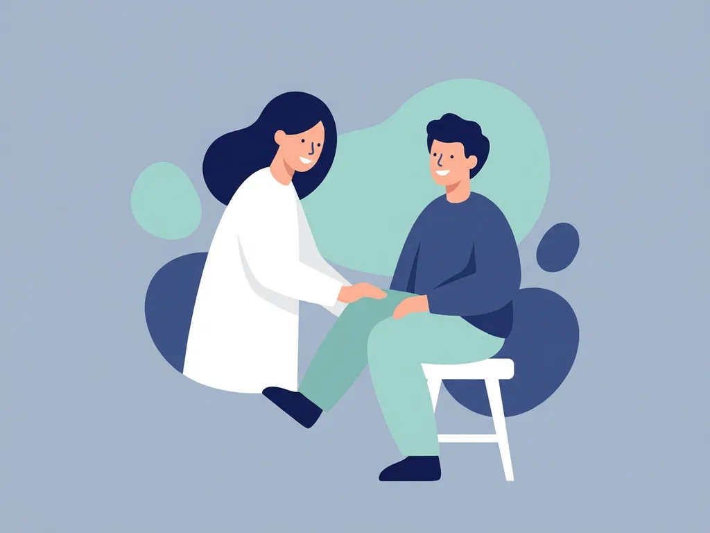 Physiotherapist in white coat guiding a seated patient through a knee mobility exercise, flat vector illustration in navy, white, and teal.