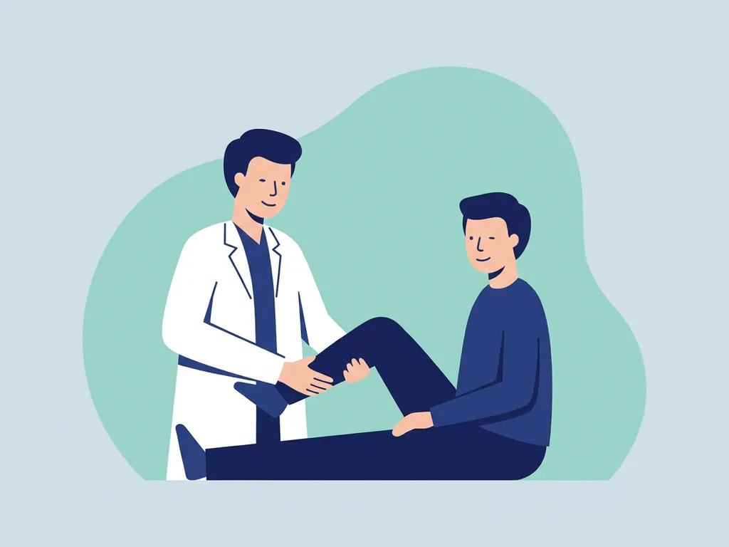 Physiotherapist in white coat guiding seated patient through knee mobility exercise in a calm clinical setting.