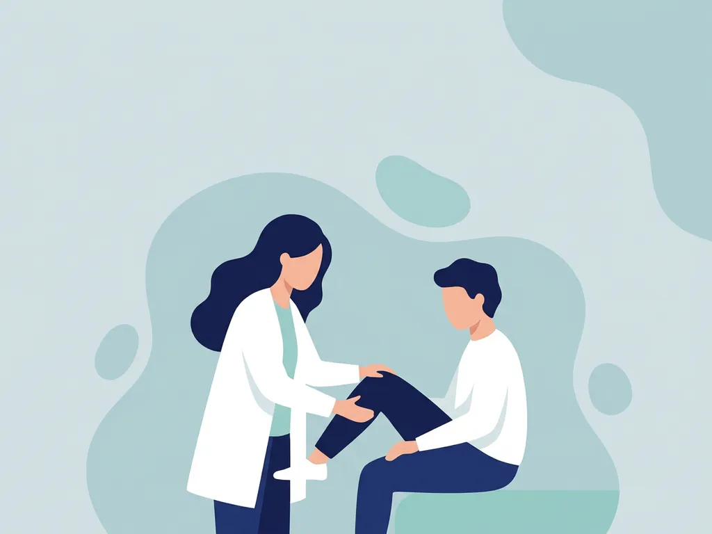 Physiotherapist in white coat guiding a seated patient through a knee-bending exercise in a calm clinical setting.