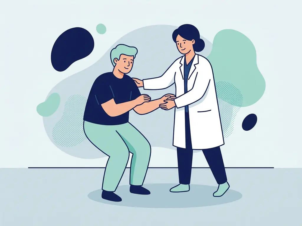 Physiotherapist in white coat guiding patient through knee-strengthening exercise in a teal and navy flat vector clinic illustration.