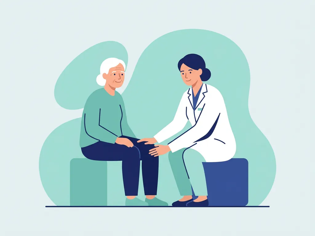 Physiotherapist in white coat placing a reassuring hand on a seated patient's knee during a calm clinical consultation.