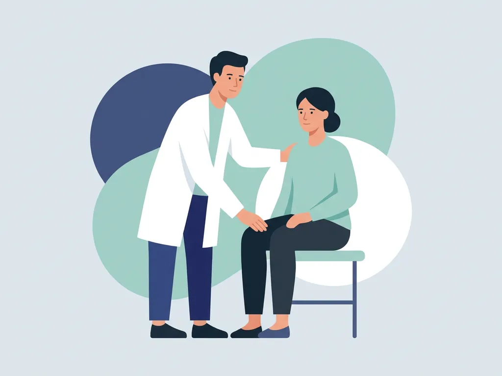 Physiotherapist in white coat placing a reassuring hand on a seated patient's knee in a minimal clinical setting.