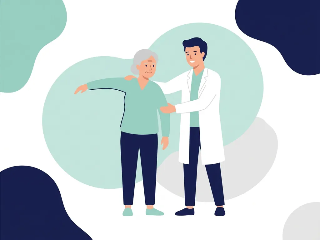 Physiotherapist in white coat guiding an older patient through a shoulder mobility exercise in a calm clinical setting.