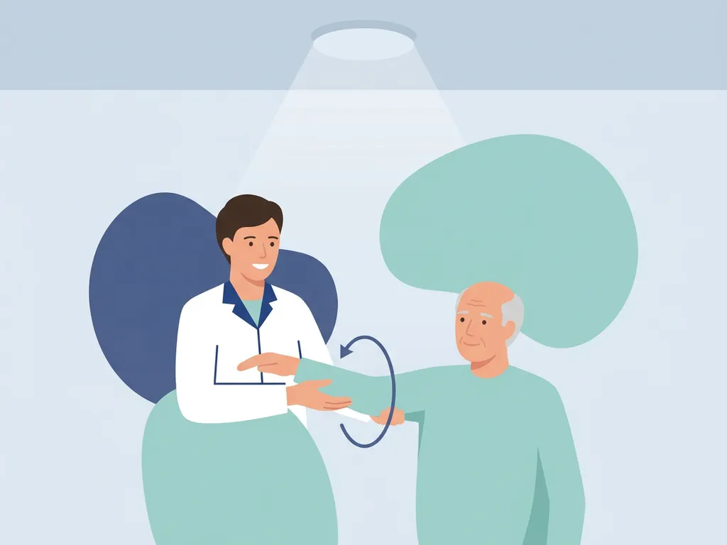 Physiotherapist in white coat guiding elderly patient through shoulder rehabilitation exercise in a calm clinical setting.