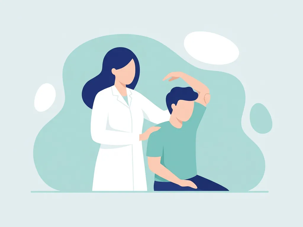 Physiotherapist in white coat guiding patient through shoulder rehabilitation exercise, flat vector illustration in navy and teal.