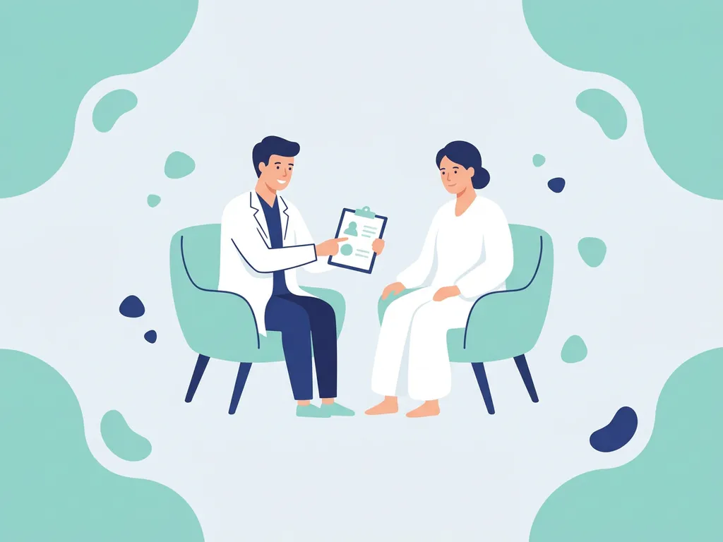 Physiotherapist in white coat reviewing treatment plan on clipboard with seated patient, soft teal and navy flat vector illustration.
