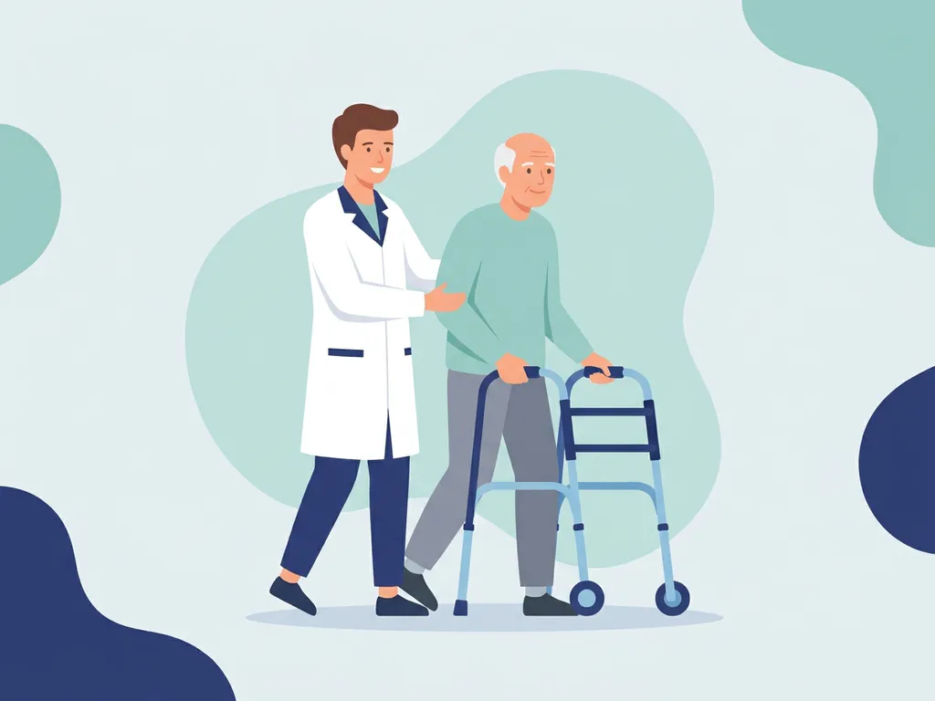 Physiotherapist in white coat supporting an elderly patient taking first steps with a walking aid in a modern clinical illustration.