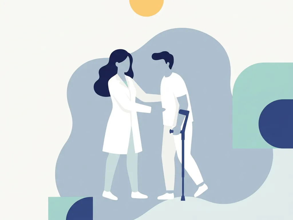 Physiotherapist in white coat guiding a patient using a forearm crutch through a walking exercise, flat vector illustration in navy and teal.