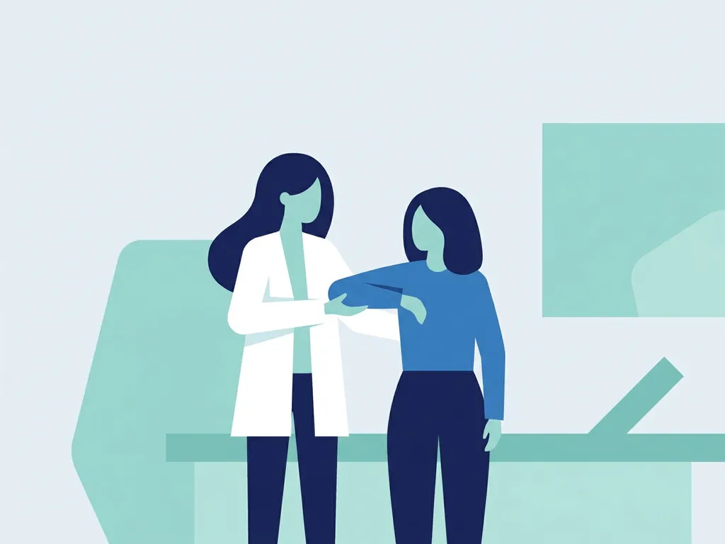 Physiotherapist in white coat guiding patient through walking exercise in a modern clinic, flat vector illustration in navy and teal.