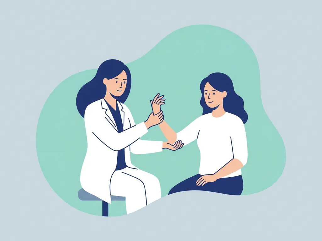 Physiotherapist in white coat guiding a patient through hand and wrist mobility exercises in a calm clinical setting.
