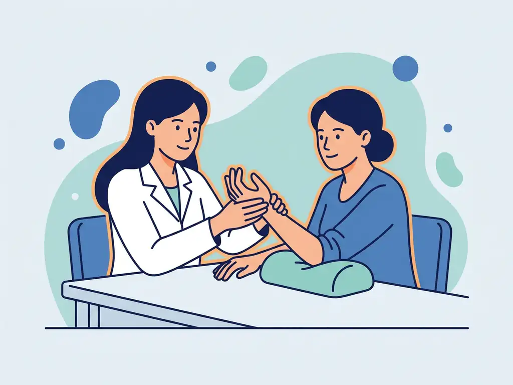 Physiotherapist in white coat guiding patient through wrist and finger mobility exercise at a modern clinical table.