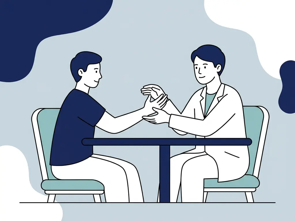 Physiotherapist in white coat guiding patient through wrist and finger mobility exercise at a modern table, flat vector illustration.