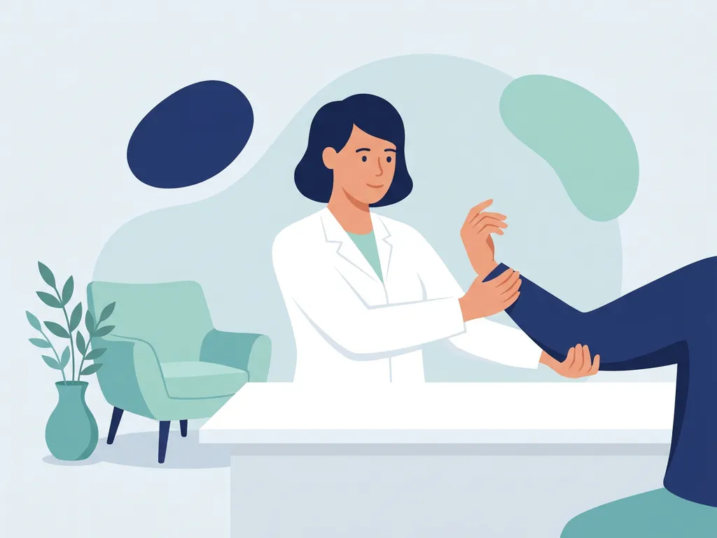 Physiotherapist in white coat guiding patient through wrist and finger mobility exercise at a clinic table, flat vector illustration.