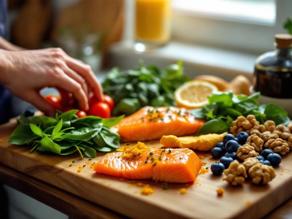 Houten snijplank met anti-inflammatoire voeding: zalm, spinazie, kurkuma, bosbessen, walnoten en kerstomaatjes