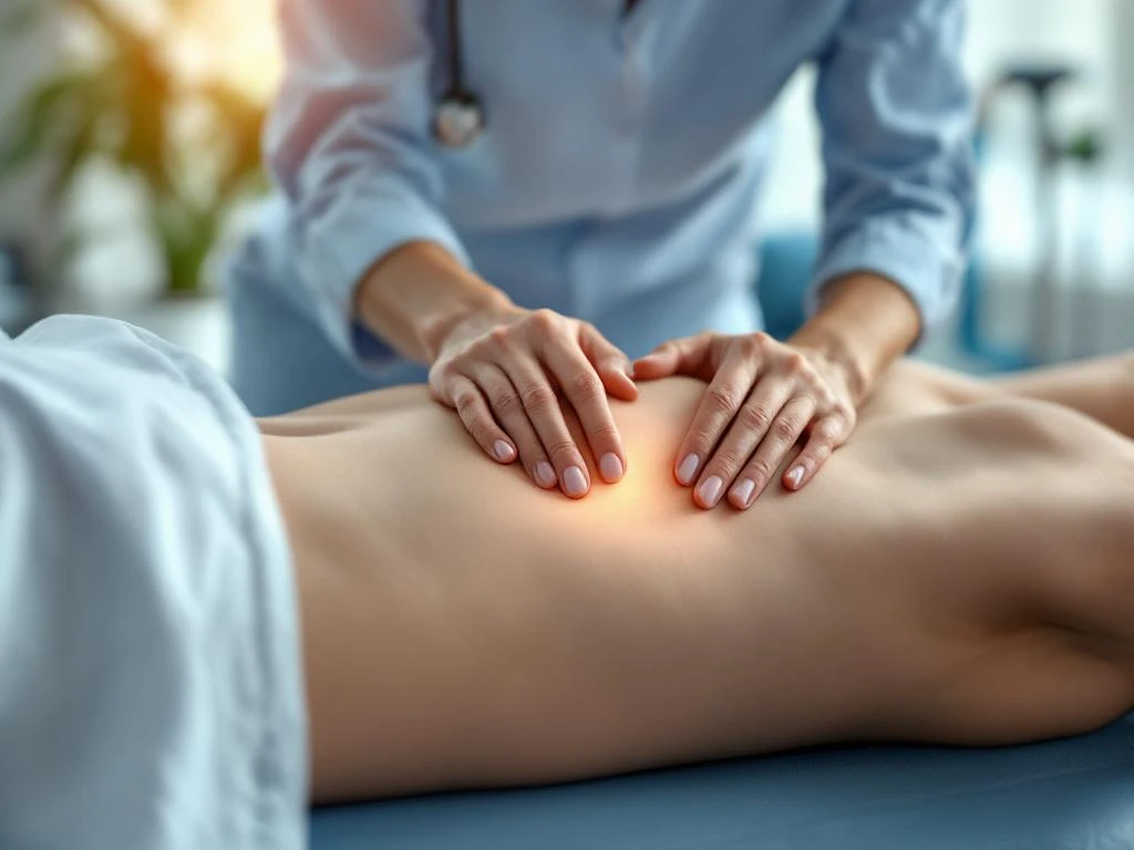 Fysiotherapeut onderzoekt heup van patiënt op behandeltafel in klinische setting voor artrose behandeling