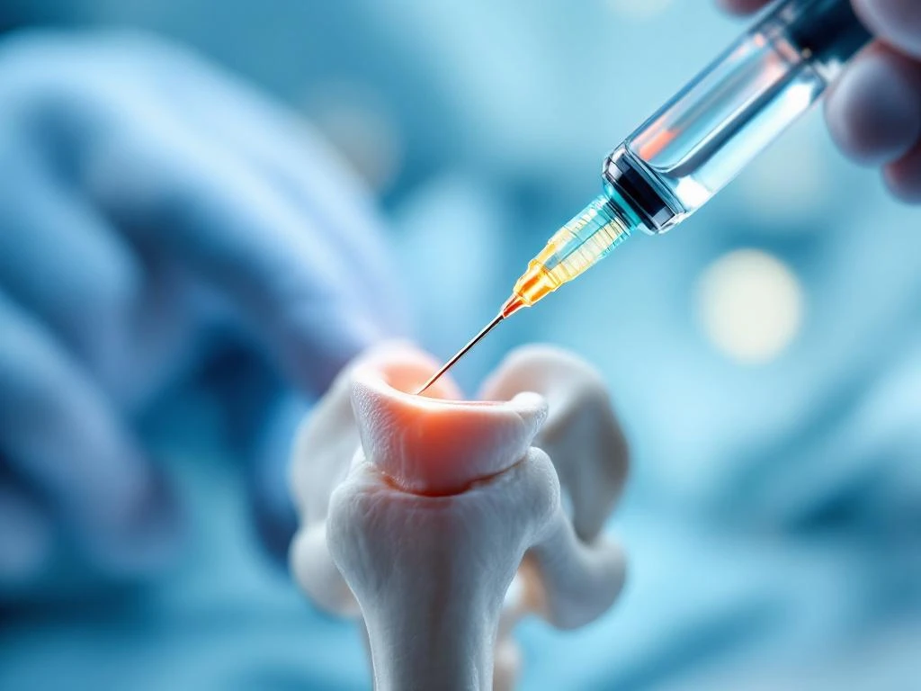 Spuit met cortisonoplossing boven anatomisch heupgewrichtmodel, gereed voor injectie in klinische setting