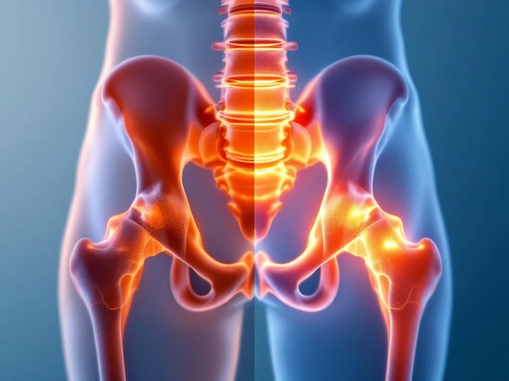 Anatomische vergelijking van een gezonde heup en heup met artrose, met hernia in lumbale wervelkolom