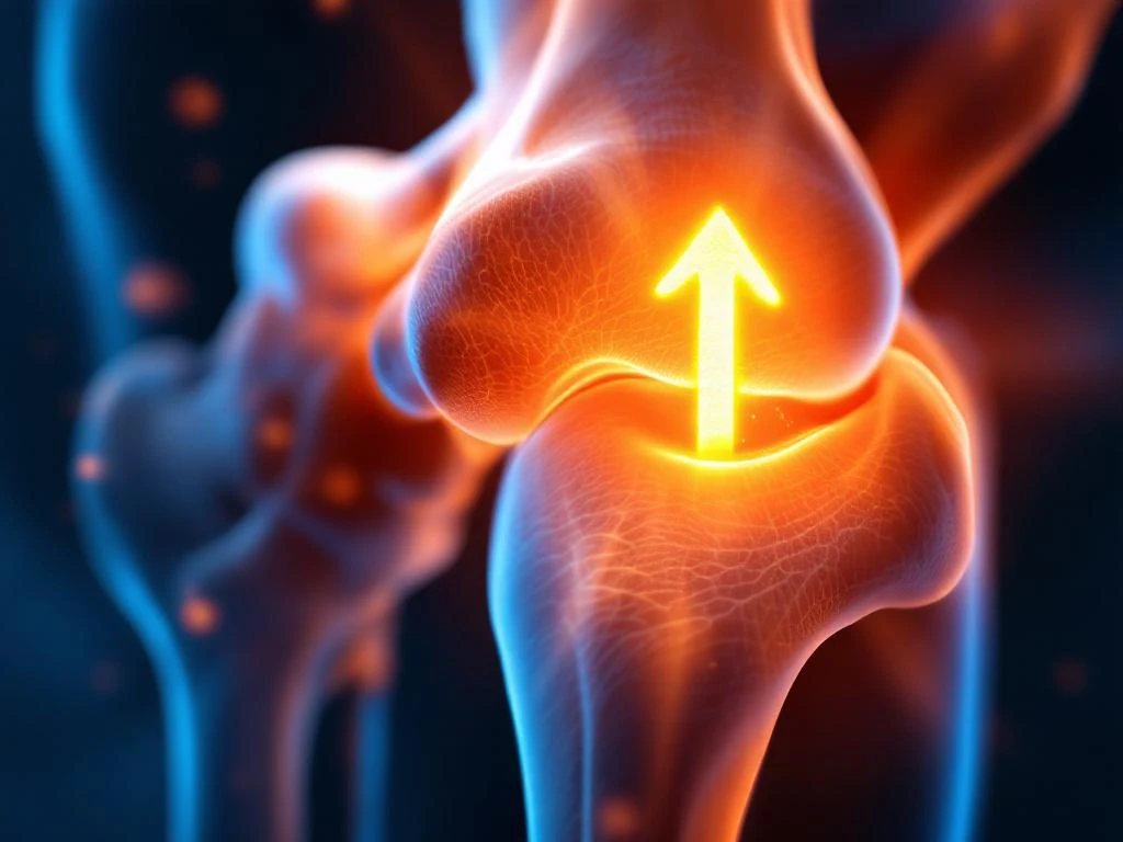 Doorsnede van menselijk heupgewricht met gezond en artritisch kraakbeen, verlicht door gouden helende lichtstralen