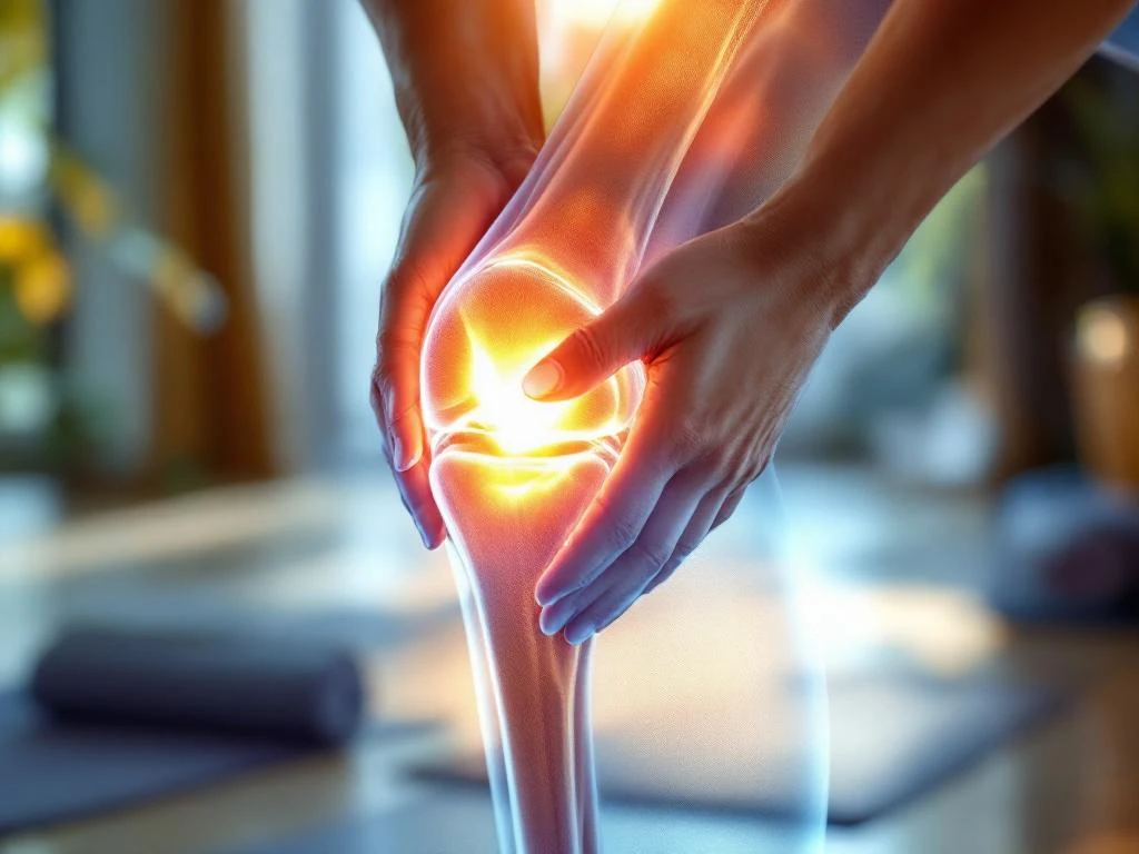 Heupgewricht met therapeutische rekoefening, handen begeleiden beweging voor behandeling van artrose