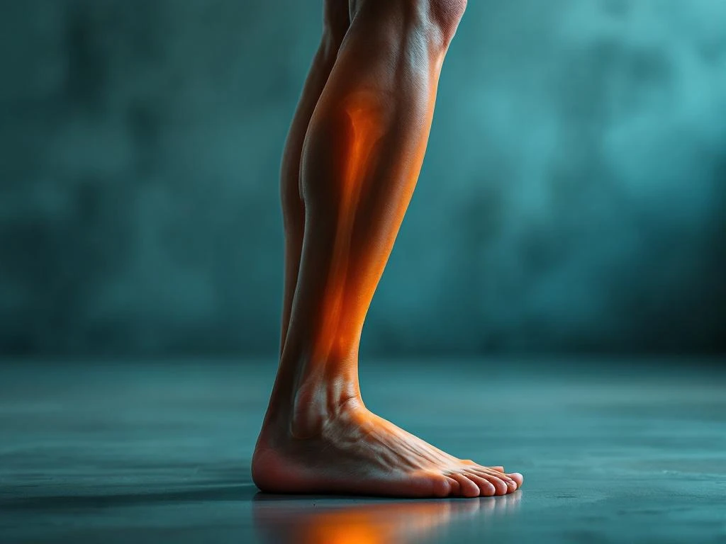 Persoon balanceert op één been met trillende heup en been, zijaanzicht met dramatische belichting