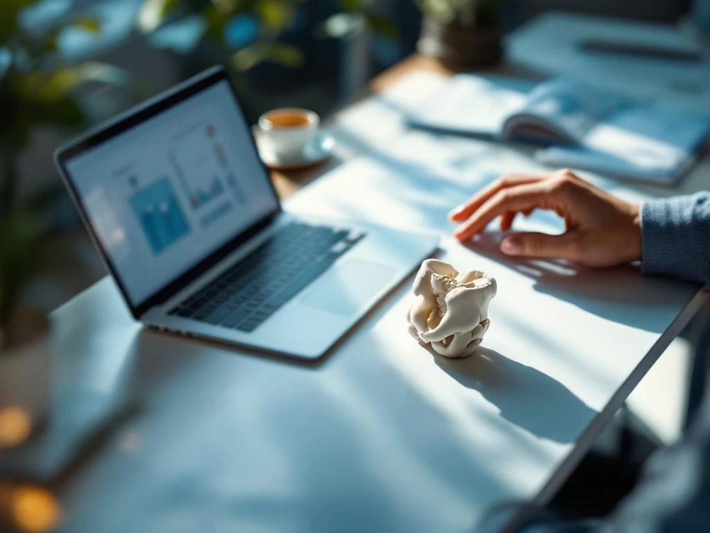 Bovenaanzicht van handen aan bureau met heupgewricht model, laptop met medische grafieken en fysiotherapie apparatuur op achtergrond