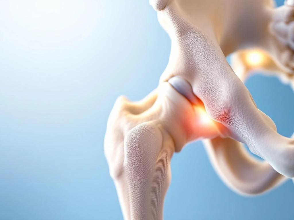 Menselijk heupgewricht met femurkop en acetabulum met vroege kraakbeenslijtage, medische anatomie close-up