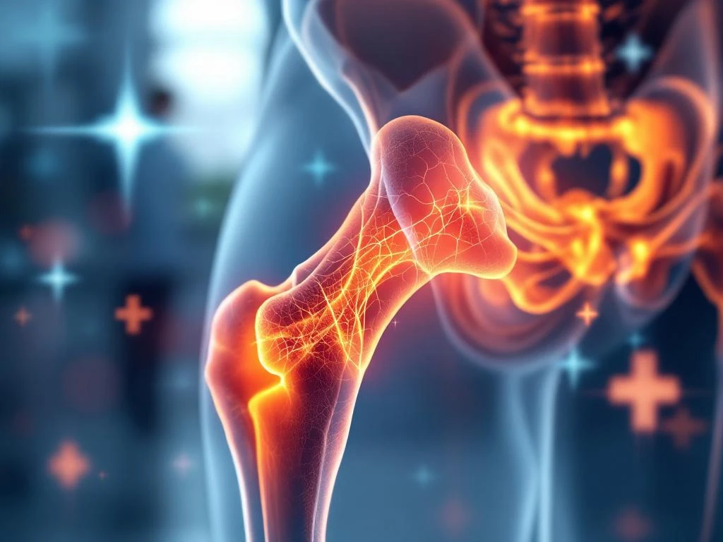 Anatomische doorsnede van heupgewricht met kraakbeenschade, ontstekingsindicatoren en medische verzorgingssymbolen