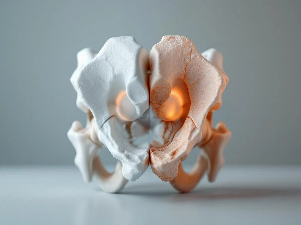 Anatomisch model van heupgewricht met gezond en artritisch kraakbeen in close-up tegen blauwe achtergrond