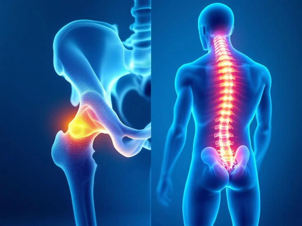 Anatomisch model van heup met kraakbeenschade en onderrug met pijnuitstraling via zenuwbanen op medische blauwe achtergrond