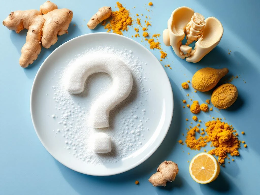 Suiker in vraagtekenvorm naast heupgewricht model met gember en kurkuma, illustreert dieet-impact op artrose