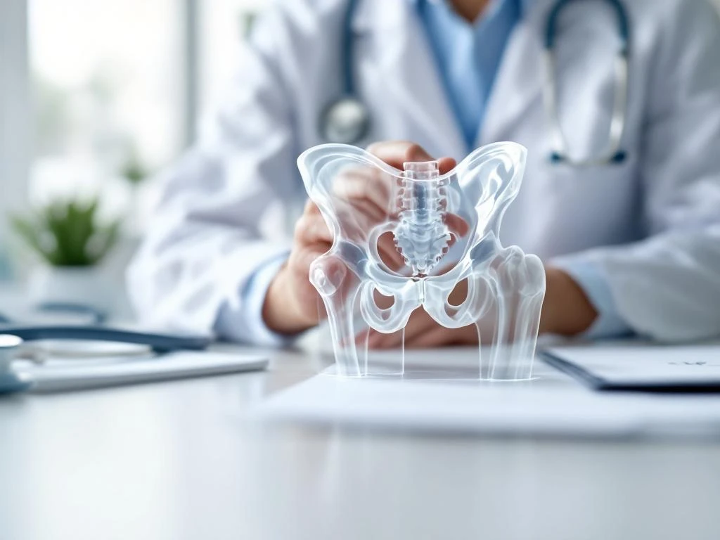 Transparant anatomisch heupgewricht model met femur en acetabulum op klinische onderzoekstafel met stethoscoop